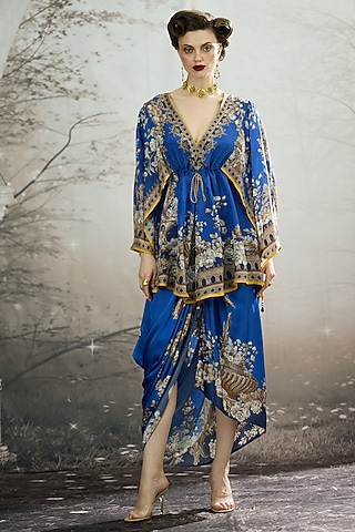 Blue Modal Satin Printed Draped Skirt Set by Rajdeep Ranawat
