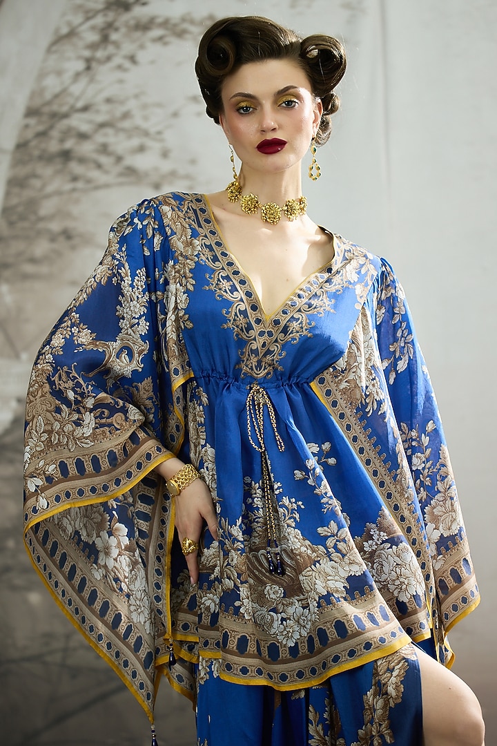 Blue Modal Satin Printed Draped Skirt Set by Rajdeep Ranawat at Pernia's Pop Up Shop