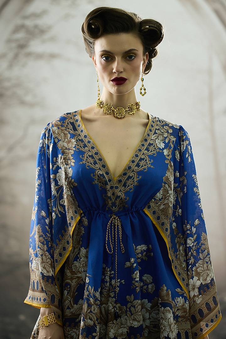 Blue Modal Satin Printed Draped Skirt Set by Rajdeep Ranawat at Pernia's Pop Up Shop