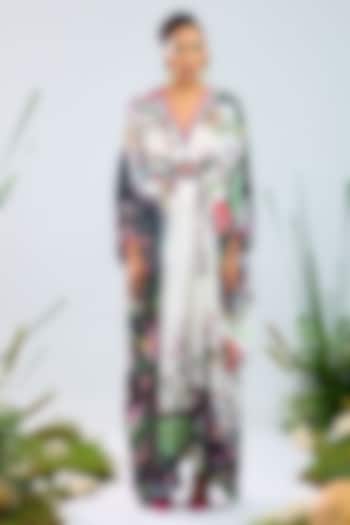 White & Black Silk Printed Kaftan by Rajdeep Ranawat at Pernia's Pop Up Shop