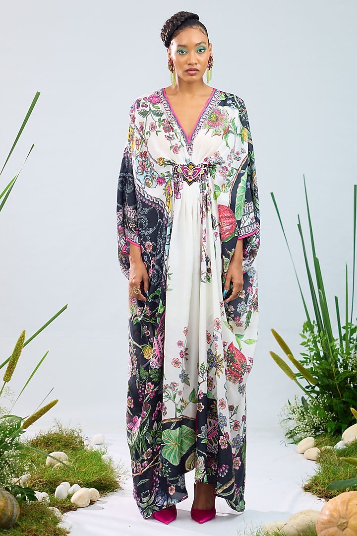 White & Black Silk Printed Kaftan by Rajdeep Ranawat at Pernia's Pop Up Shop