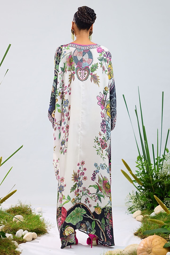 White & Black Silk Printed Kaftan by Rajdeep Ranawat at Pernia's Pop Up Shop
