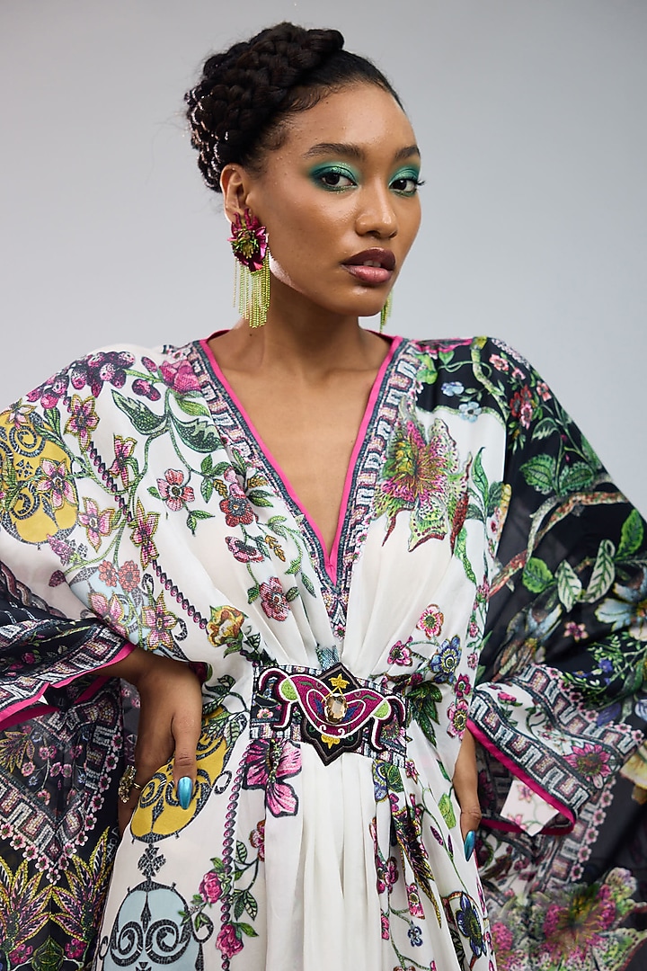 White & Black Silk Printed Kaftan by Rajdeep Ranawat at Pernia's Pop Up Shop