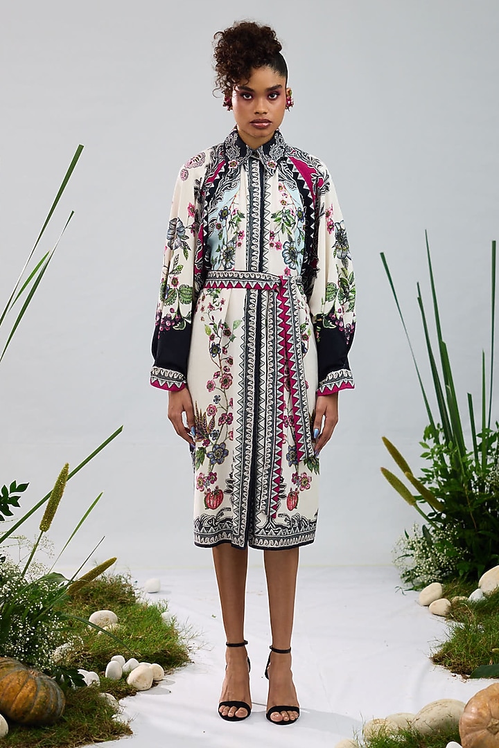 Ivory & Black Cotton Linen Flex Printed Shirt Vacation Dress by Rajdeep Ranawat at Pernia's Pop Up Shop