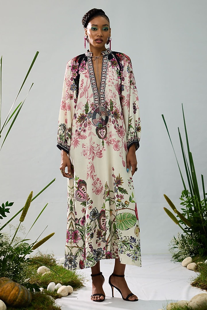 Ivory Cotton Linen Flex Printed A-Line Vacation Dress by Rajdeep Ranawat at Pernia's Pop Up Shop