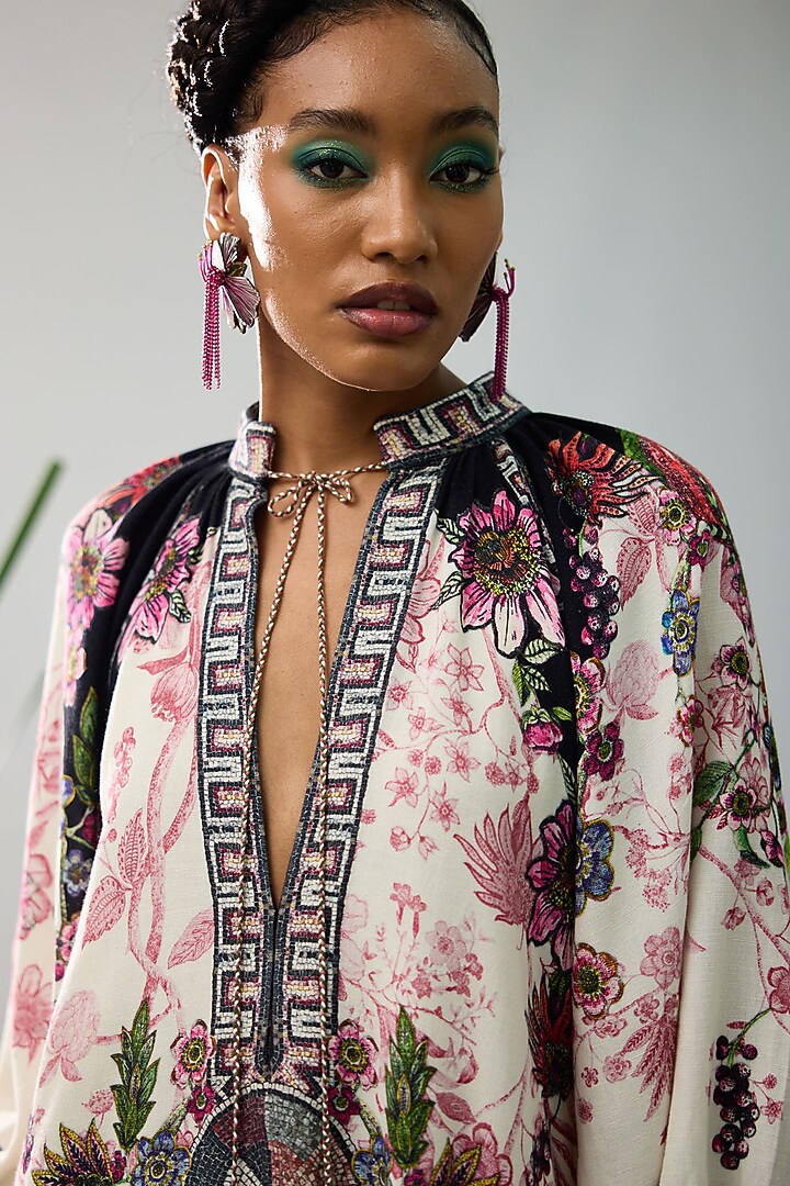 Ivory Cotton Linen Flex Printed A-Line Vacation Dress by Rajdeep Ranawat at Pernia's Pop Up Shop