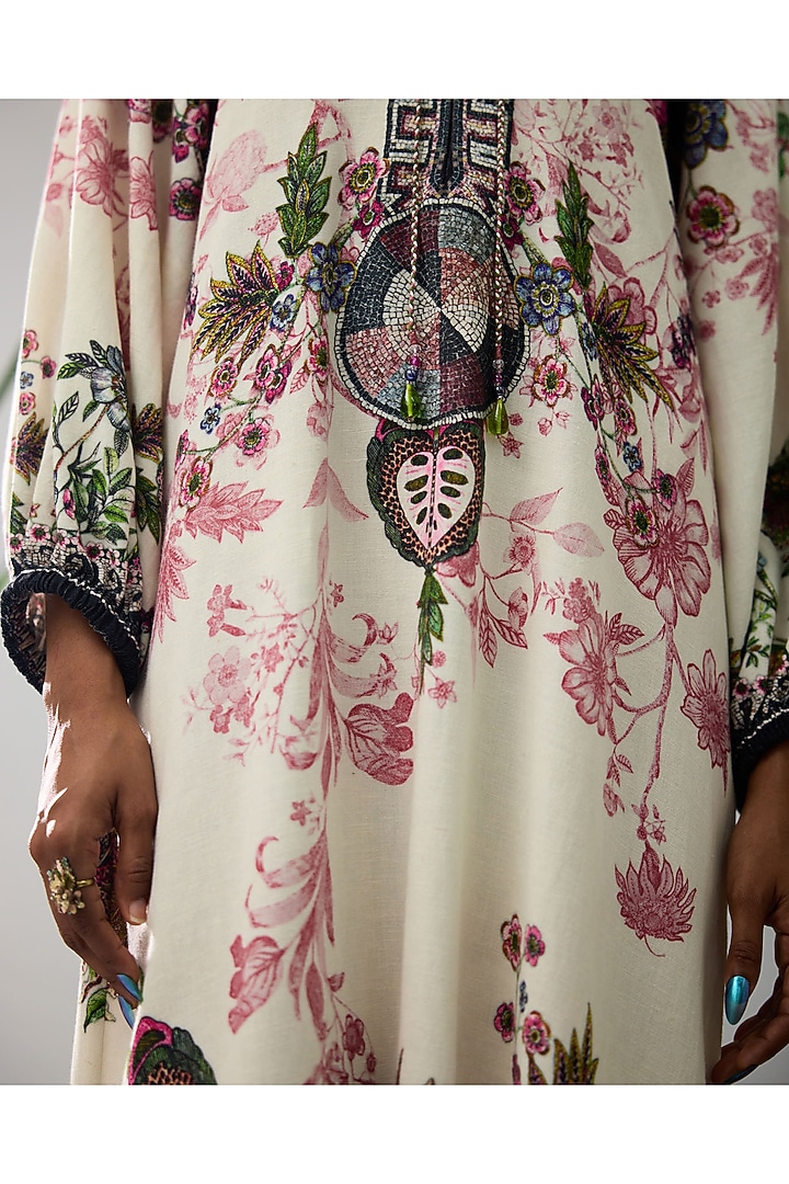 Ivory Cotton Linen Flex Printed A-Line Vacation Dress by Rajdeep Ranawat at Pernia's Pop Up Shop