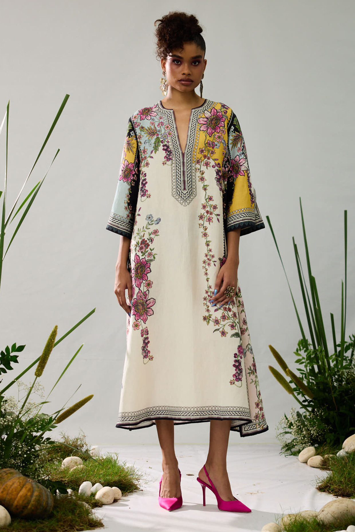 Ivory & Yellow Linen Printed A-Line Kaftan by Rajdeep Ranawat at Pernia's Pop Up Shop
