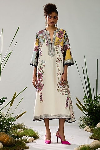 Ivory & Yellow Linen Printed A-Line Kaftan by Rajdeep Ranawat