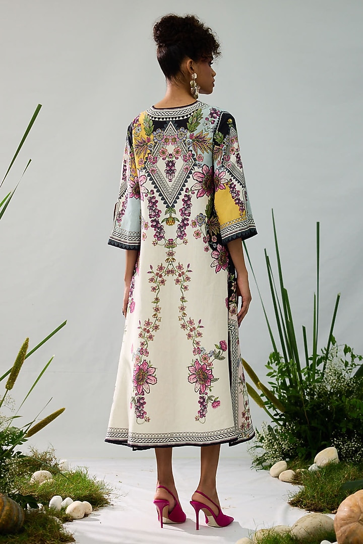 Ivory & Yellow Linen Printed A-Line Kaftan by Rajdeep Ranawat at Pernia's Pop Up Shop