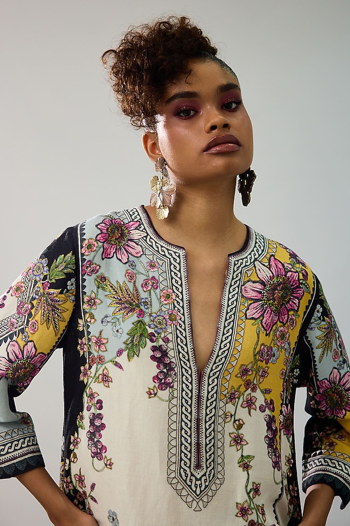 Ivory & Yellow Linen Printed A-Line Kaftan by Rajdeep Ranawat at Pernia's Pop Up Shop