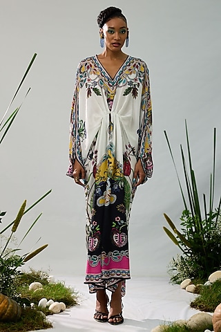 White & Black Silk Printed Kaftan Dress by Rajdeep Ranawat