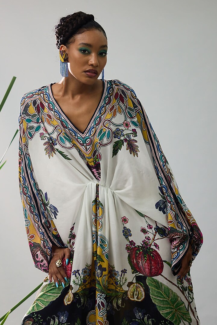 White & Black Silk Printed Kaftan Cocktail Dress by Rajdeep Ranawat at Pernia's Pop Up Shop