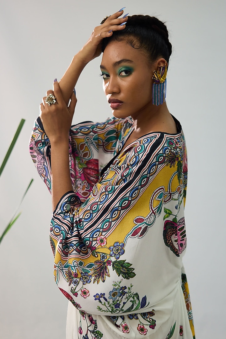 White & Black Silk Printed Kaftan Cocktail Dress by Rajdeep Ranawat at Pernia's Pop Up Shop