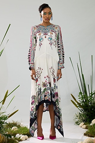 White & Black Modal Satin Printed V-Neck Dress by Rajdeep Ranawat