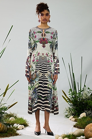 White & Black Modal Satin Printed Midi Dress by Rajdeep Ranawat