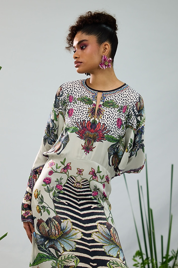 White & Black Modal Satin Printed Midi Cocktail Dress by Rajdeep Ranawat at Pernia's Pop Up Shop