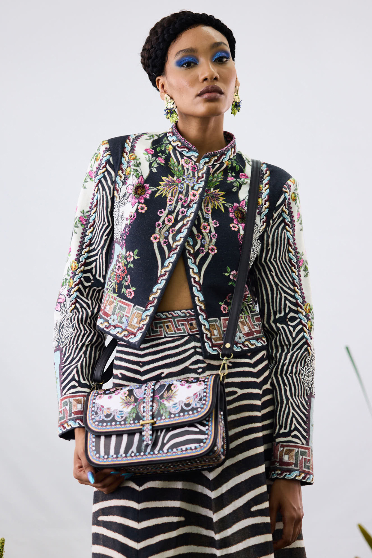 Black & White Cotton Linen Printed Overlap Crop Jacket by Rajdeep Ranawat at Pernia's Pop Up Shop