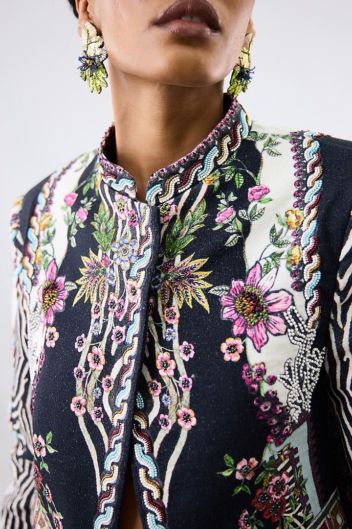 Black & White Cotton Linen Printed Overlap Crop Jacket by Rajdeep Ranawat at Pernia's Pop Up Shop