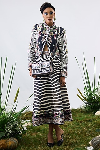 Black & White Cotton Linen Printed A-Line Skirt by Rajdeep Ranawat