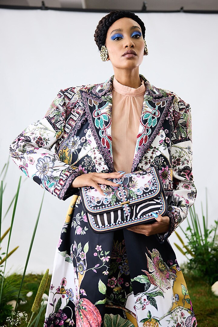 Black & White Duchess Satin Printed Jacket by Rajdeep Ranawat at Pernia's Pop Up Shop