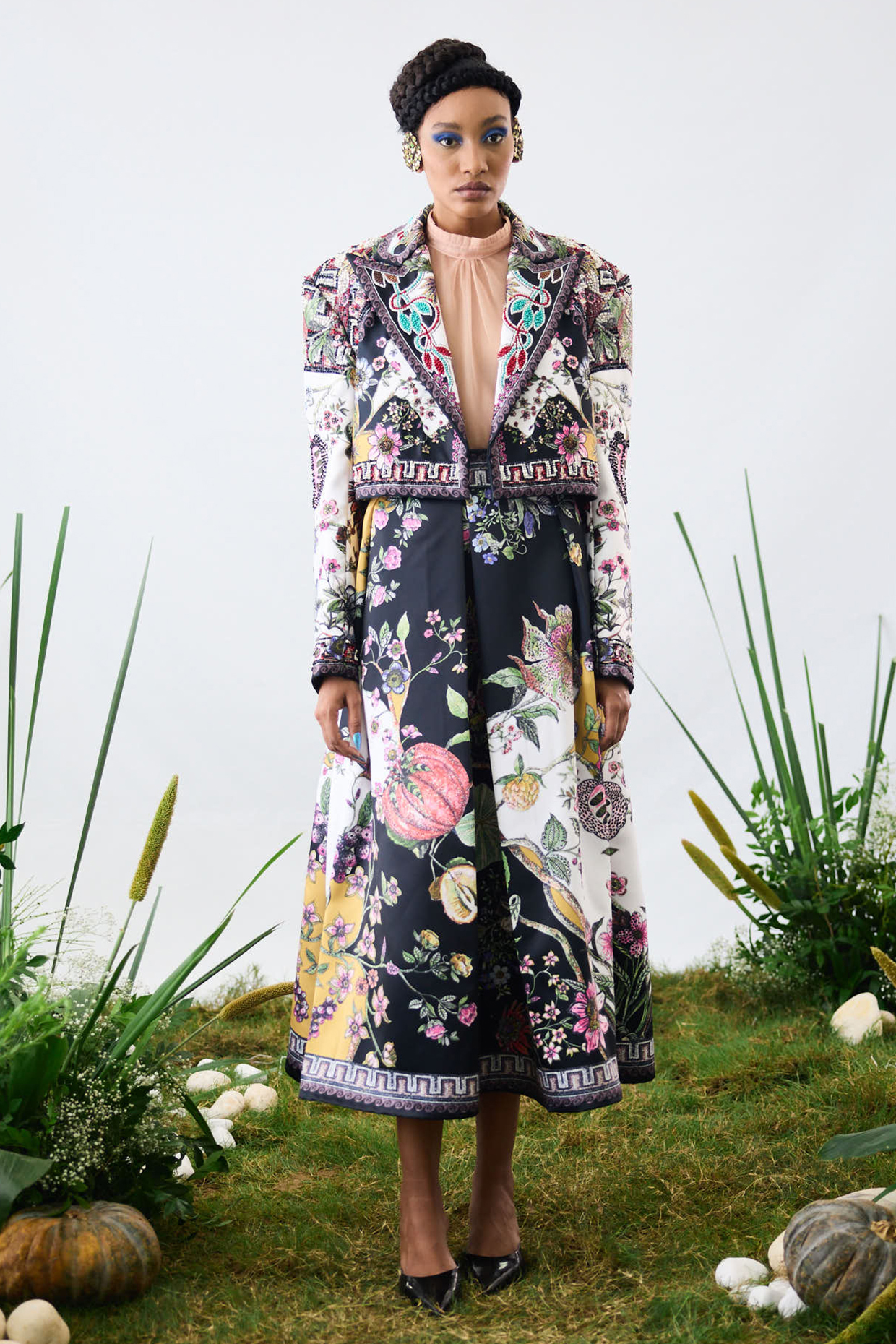 Black & White Duchess Satin Printed A-Line Pleated Skirt by Rajdeep Ranawat at Pernia's Pop Up Shop