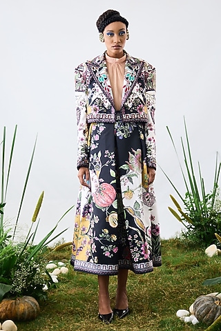 Black & White Duchess Satin Printed A-Line Pleated Skirt by Rajdeep Ranawat