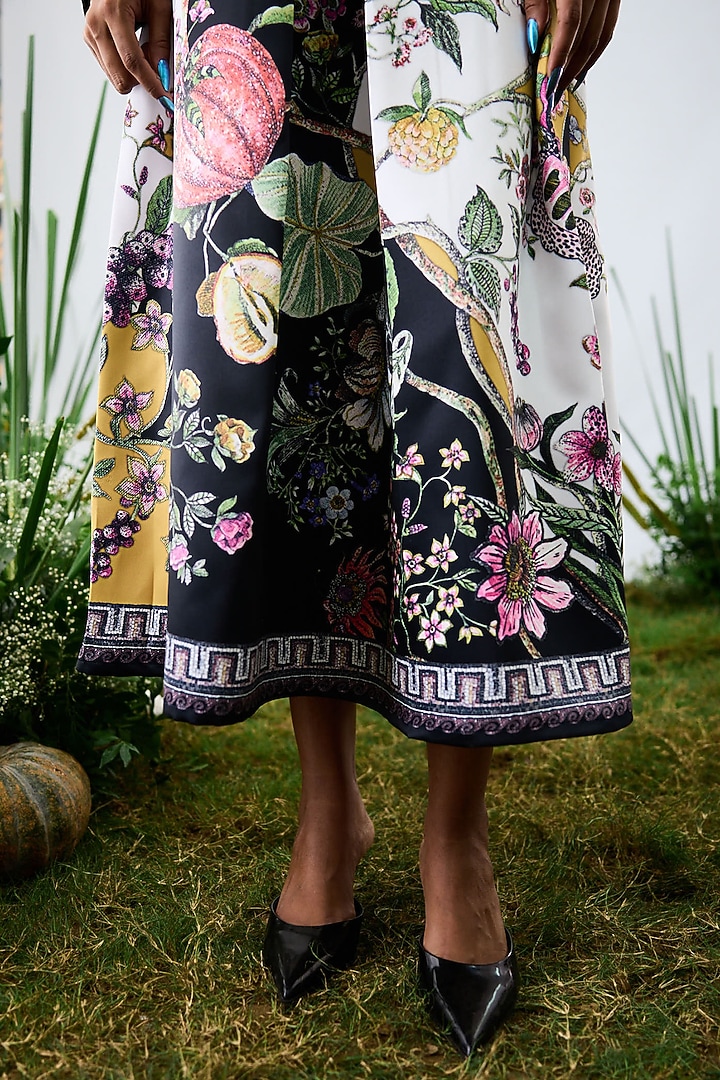 Black & White Duchess Satin Printed A-Line Pleated Skirt by Rajdeep Ranawat at Pernia's Pop Up Shop