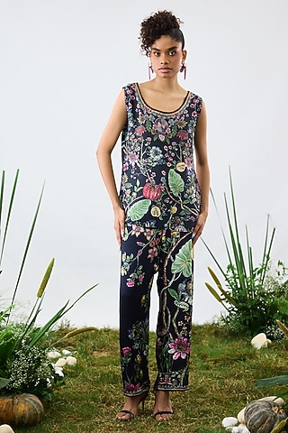 Black Modal Satin Printed Camisole by Rajdeep Ranawat