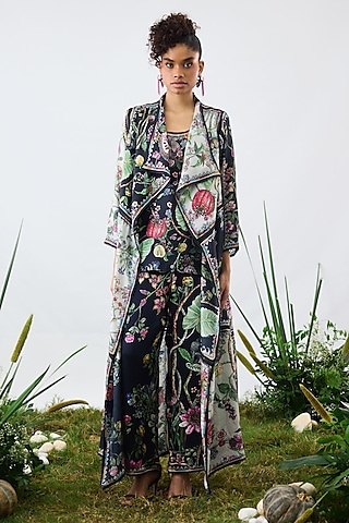 Black Modal Satin Printed Pants by Rajdeep Ranawat