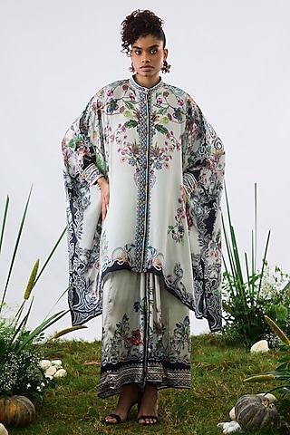 Taupe Silk Printed Boxy Kaftan Tunic by Rajdeep Ranawat