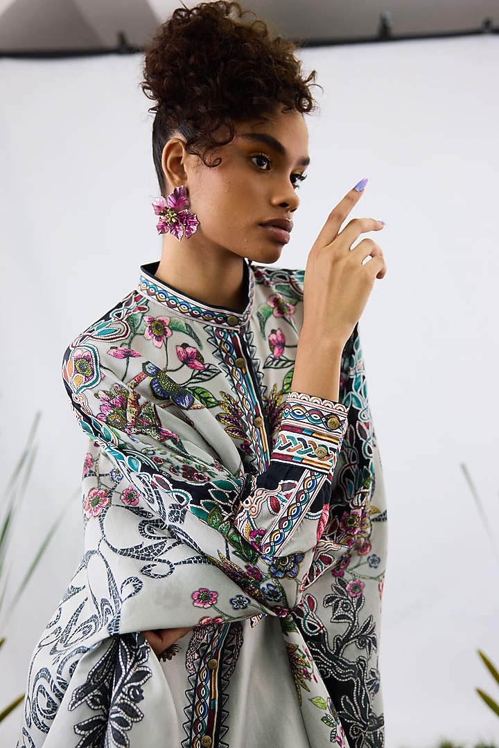 Taupe Silk Printed Boxy Kaftan Tunic by Rajdeep Ranawat at Pernia's Pop Up Shop