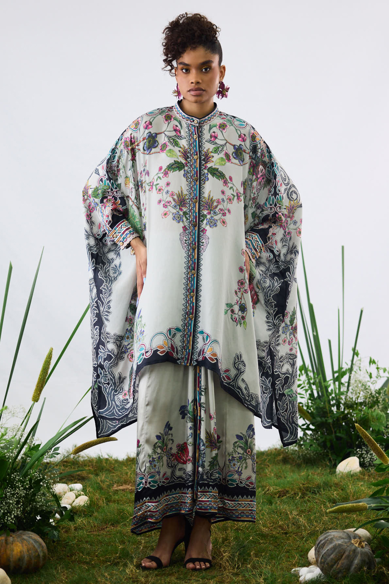 Taupe Modal Satin Printed Draped Skirt by Rajdeep Ranawat at Pernia's Pop Up Shop