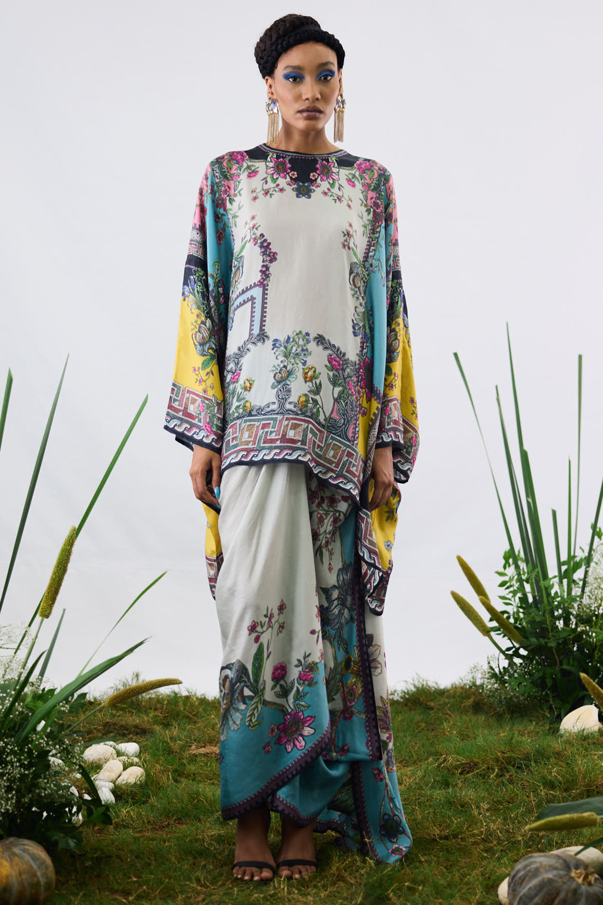 Aqua & Slate Grey Silk Printed Top by Rajdeep Ranawat at Pernia's Pop Up Shop