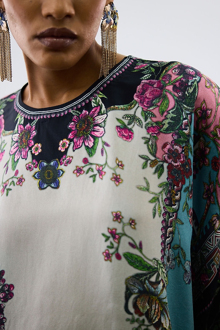 Aqua & Slate Grey Silk Printed Top by Rajdeep Ranawat at Pernia's Pop Up Shop