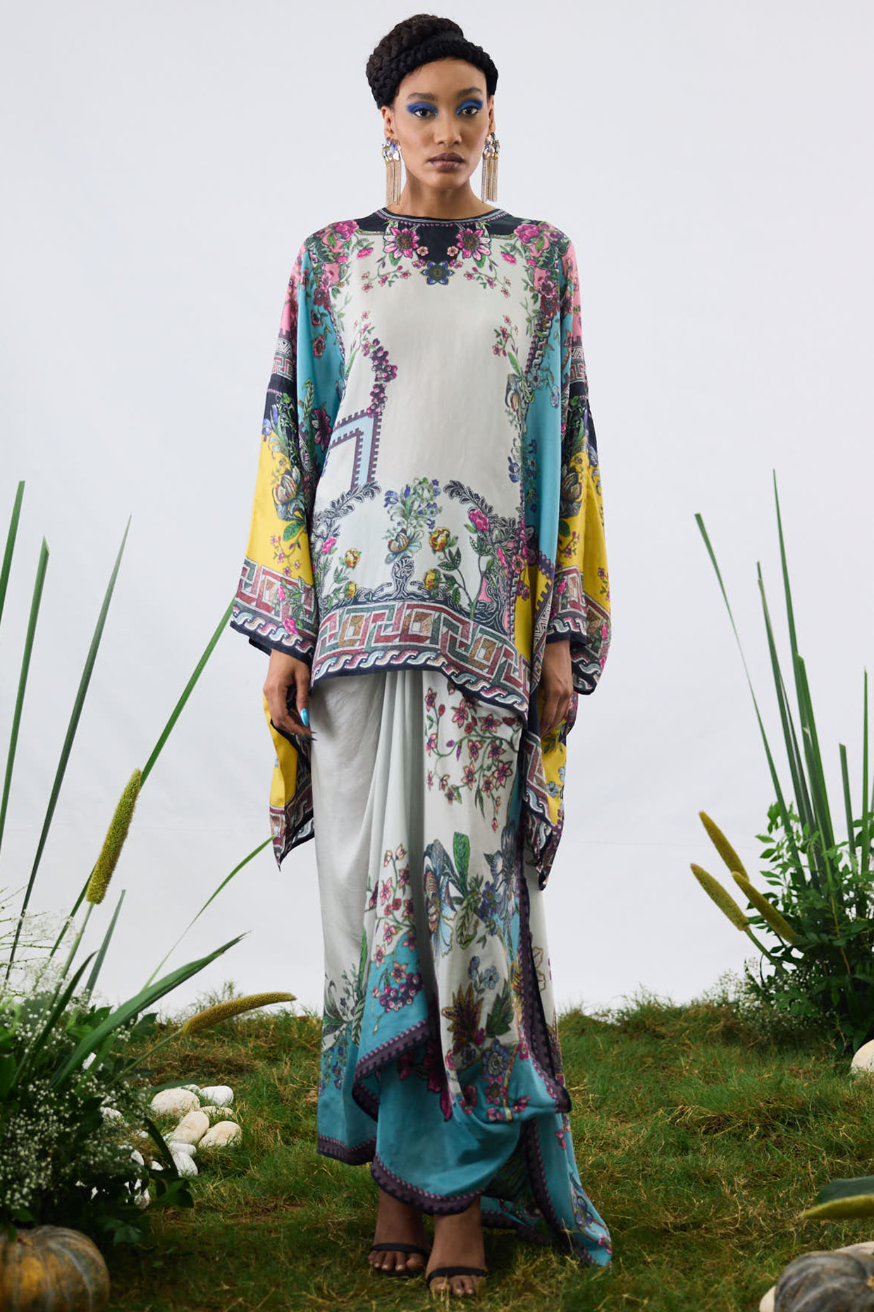 Aqua & Slate Grey Silk Printed Draped Skirt by Rajdeep Ranawat at Pernia's Pop Up Shop