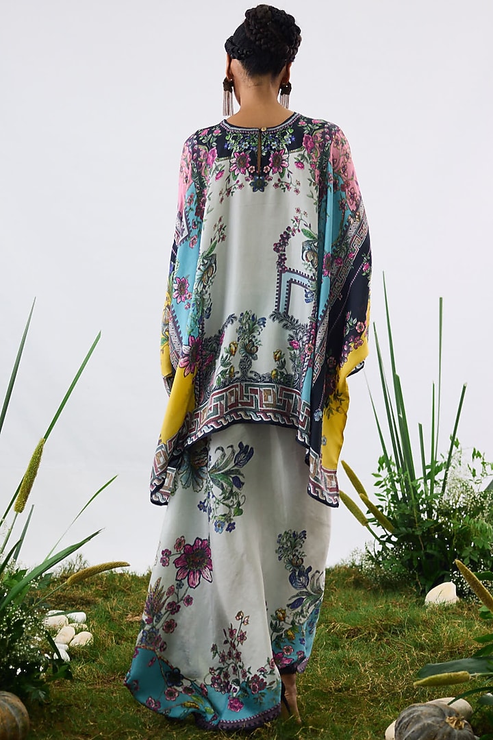 Aqua & Slate Grey Silk Printed Draped Skirt by Rajdeep Ranawat at Pernia's Pop Up Shop