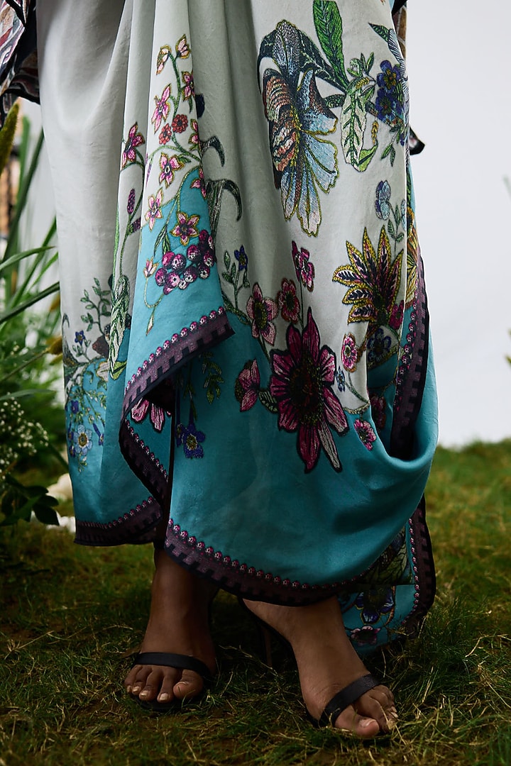 Aqua & Slate Grey Silk Printed Draped Skirt by Rajdeep Ranawat at Pernia's Pop Up Shop