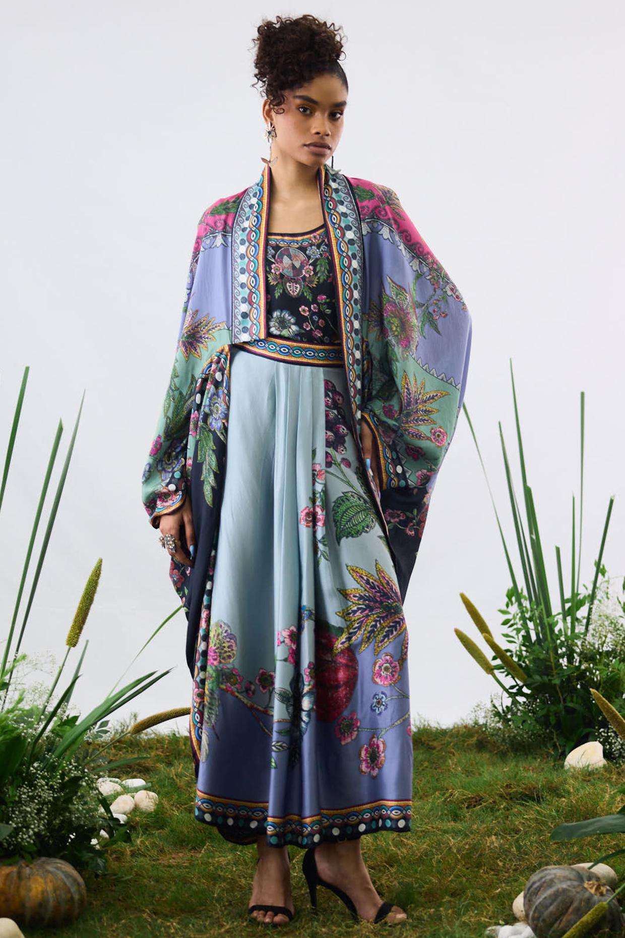 Powder Blue Silk Printed Draped Cape by Rajdeep Ranawat at Pernia's Pop Up Shop