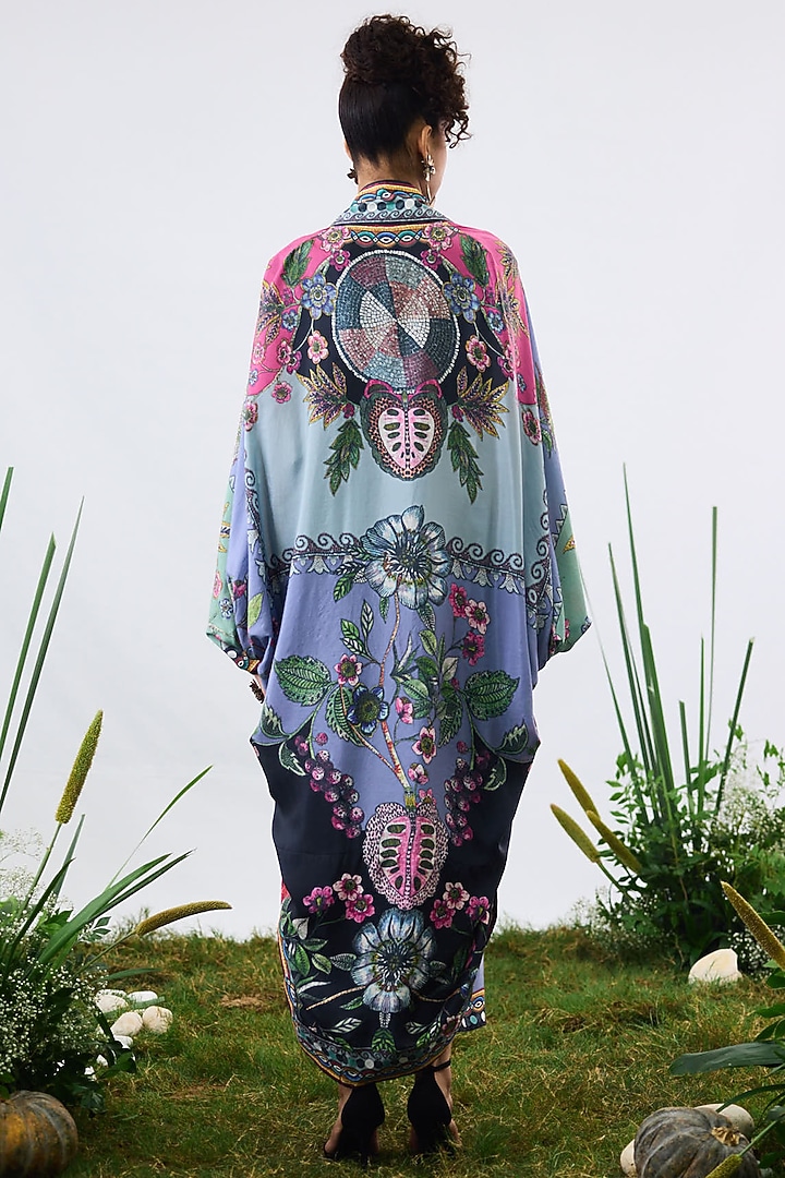 Powder Blue Silk Printed Draped Cape by Rajdeep Ranawat at Pernia's Pop Up Shop