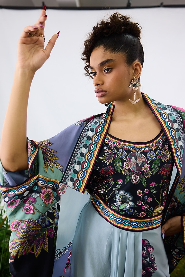 Powder Blue Silk Printed Draped Cape by Rajdeep Ranawat at Pernia's Pop Up Shop