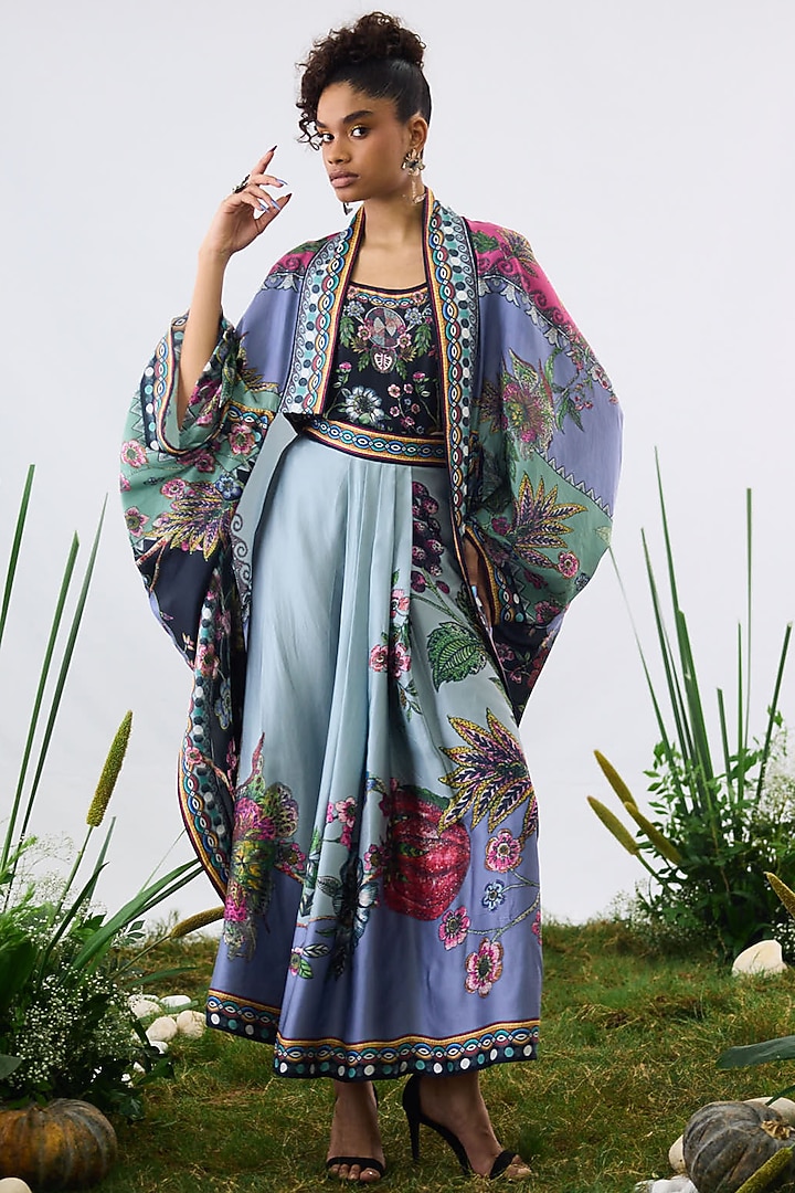 Powder Blue Silk Printed Draped Cape by Rajdeep Ranawat at Pernia's Pop Up Shop