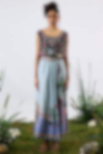 Powder Blue Modal Satin Printed Pleated Draped Skirt by Rajdeep Ranawat at Pernia's Pop Up Shop