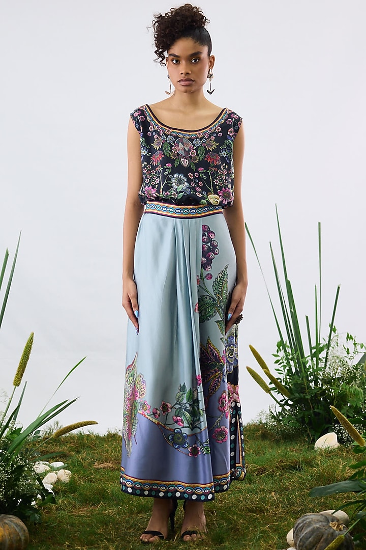 Powder Blue Modal Satin Printed Pleated Draped Skirt by Rajdeep Ranawat at Pernia's Pop Up Shop