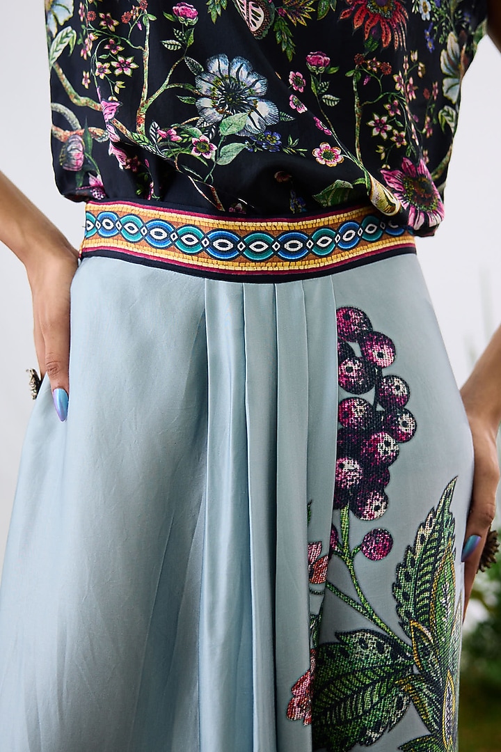 Powder Blue Modal Satin Printed Pleated Draped Skirt by Rajdeep Ranawat at Pernia's Pop Up Shop