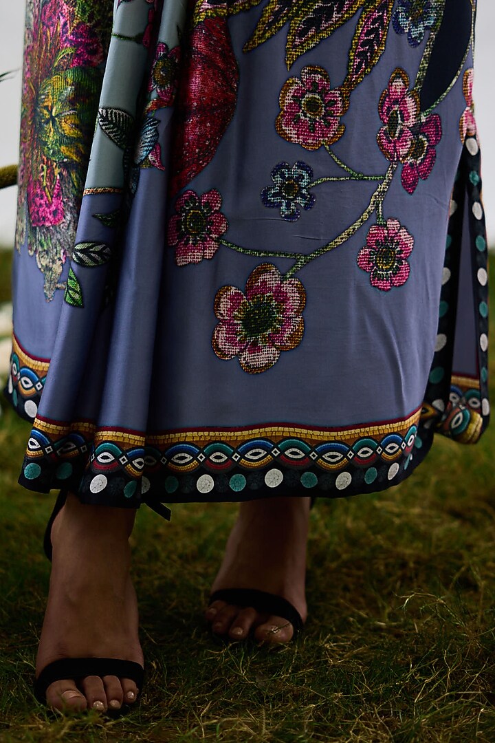 Powder Blue Modal Satin Printed Pleated Draped Skirt by Rajdeep Ranawat at Pernia's Pop Up Shop