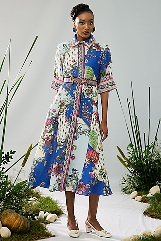 Blue & White Cotton Linen Printed A-Line Shirt Dress by Rajdeep Ranawat