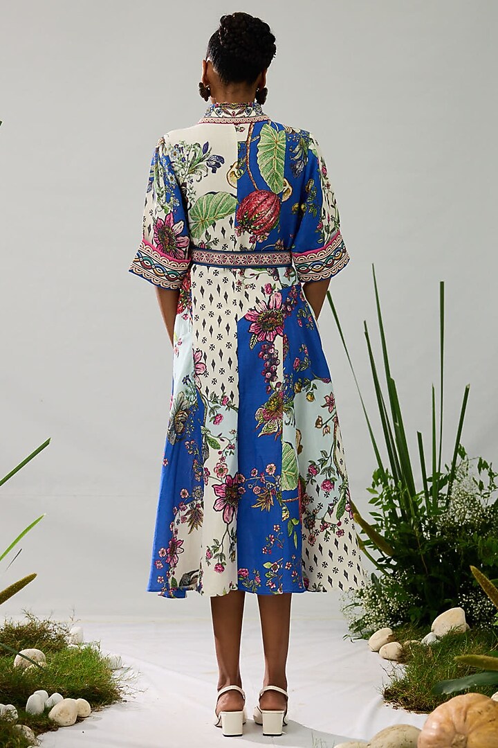 Blue & White Cotton Linen Printed A-Line Cocktail Shirt Dress by Rajdeep Ranawat at Pernia's Pop Up Shop