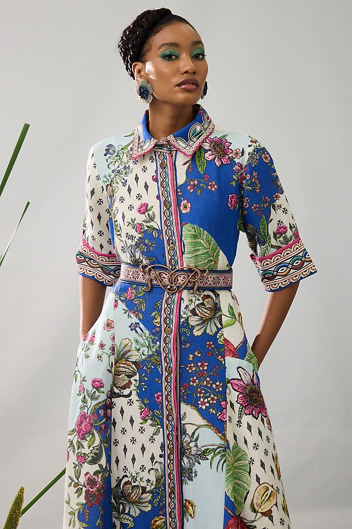 Blue & White Cotton Linen Printed A-Line Cocktail Shirt Dress by Rajdeep Ranawat at Pernia's Pop Up Shop
