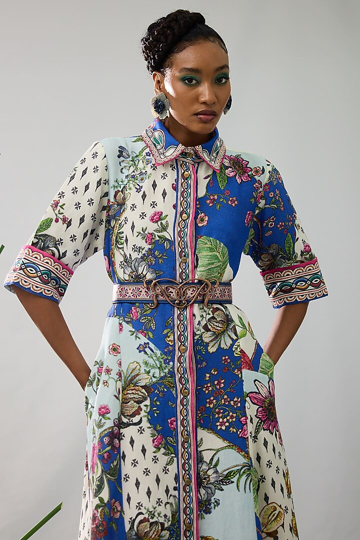 Blue & White Cotton Linen Printed A-Line Cocktail Shirt Dress by Rajdeep Ranawat at Pernia's Pop Up Shop